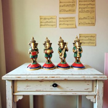 Müzisyen Ganesha Taş İşlemeli Mini Heykel Seti