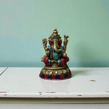 Ganesha Heykeli Pirinç Alaşım Renkli Taş Bezeli 10cm