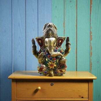 Ganesha Heykeli Pirinç Alaşım & Taş Bezeli 12cm